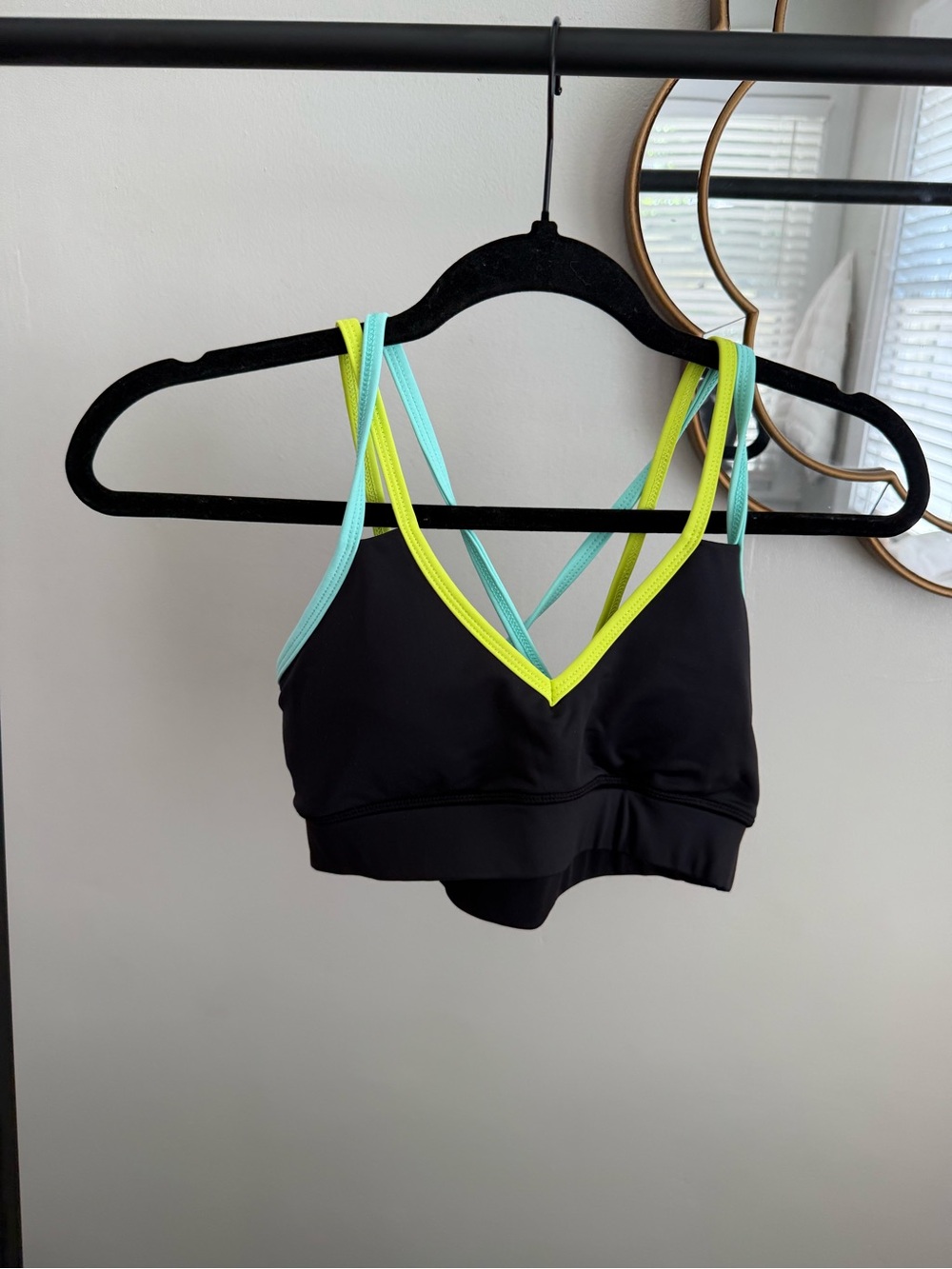 Black Crop Sports Bralette with Neon Yellow and Aqua Straps